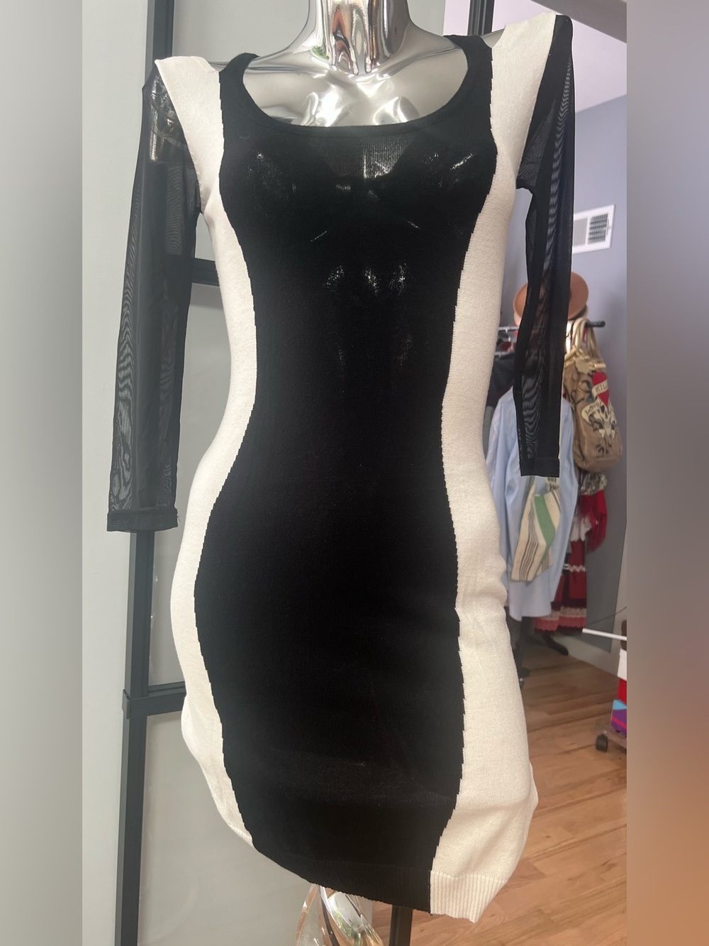 Black & White Bodycon Dress with Sheer Sleeves